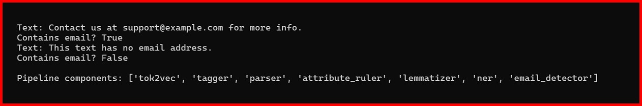 Picture showing the output of adding the custom component to nlp pipeline